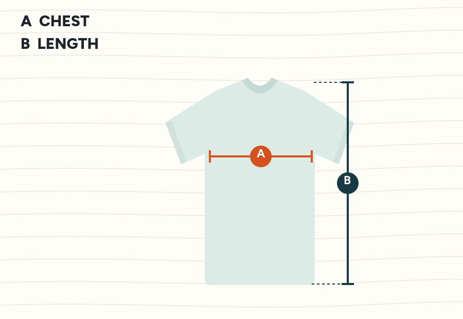 T-shirt laid flat with chest width and body length marked